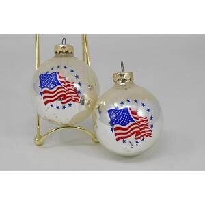 2 VTG Christopher Radko Mercury Glass Ball Ornament American Flag Stars Stripes